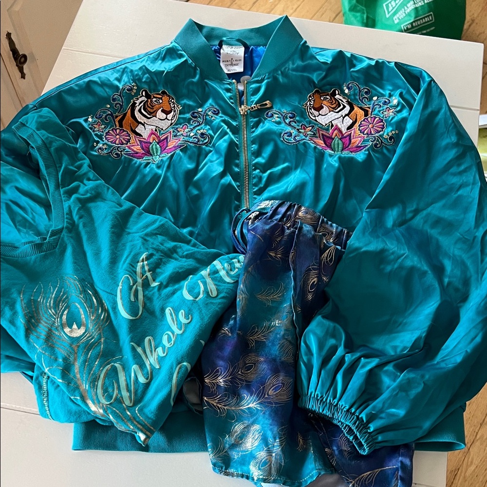 Disney one of a kind Embroidered Teal Bomber Jacket with tank top and short